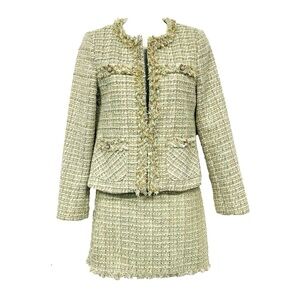 Tweed skirt suit XS Pearl buttons mint cream metallic Old Money